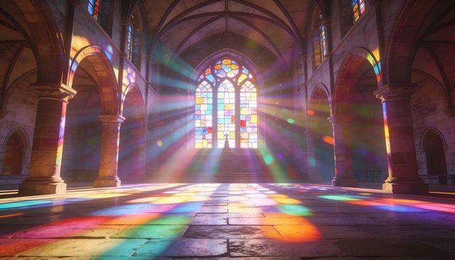 Gothic cathedral nave flooding with rainbow light from stained glass window