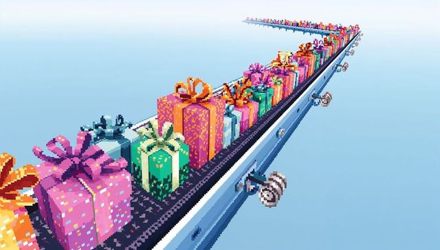 Pixel art conveyor carrying colorful wrapped gifts stretching to horizon with metal rollers
