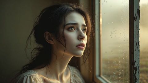 Woman Reflecting Through Vintage Window with Raindrops