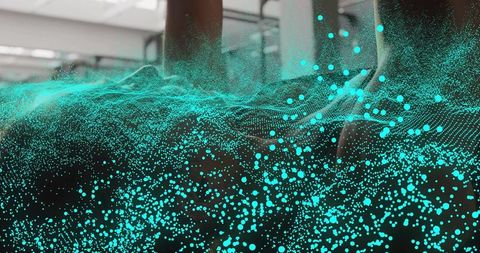 Reclining woman with teal point-cloud mesh in modern interior, futuristic visualization