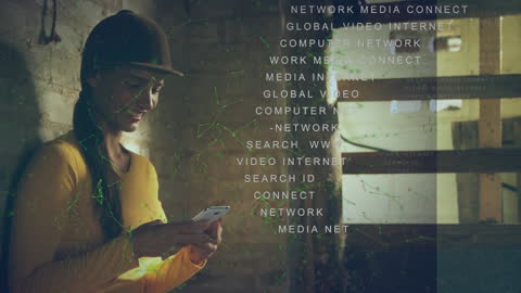 Digital Glowing Interface with Confident Woman Engaging on Smartphone