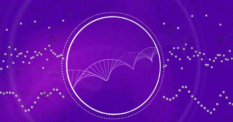 Digital DNA Strand with Chemical Formulas on Purple Background