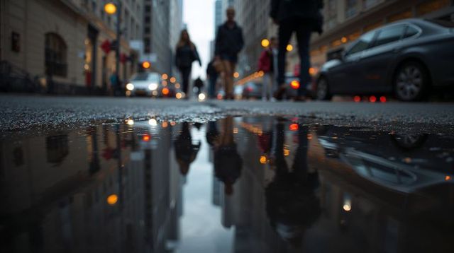 Commuters walking across wet downtown street reflecting in puddle at dusk with headlights