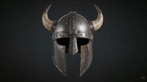 Medieval horned helmet with nose guard and weathered finish