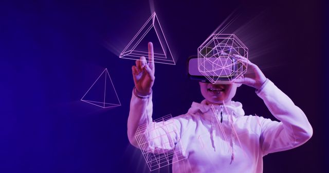 Image of glowing 3d shapes of data transfer over asian woman in vr headset. Global virtual reality, data processing, computing and digital interface concept digitally generated image.