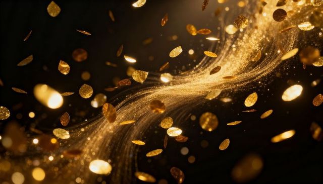 Swirling golden glitter ribbon with metallic confetti and sparkling bokeh motion