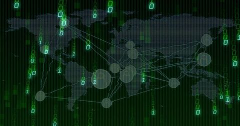 Pulsing Global Data Network Map with Neon Green Binary Streams and Connected Nodes