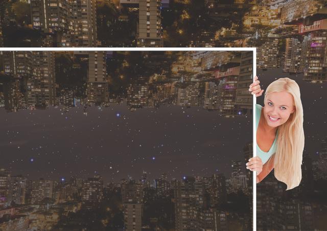 Digital composite of up side down city at night, girl with photo of the city