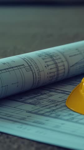 Vertical construction video panning over rolled blueprints and yellow hardhat on concrete