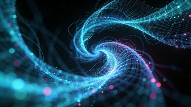 Swirling neon data vortex with glowing mesh, particle streams and futuristic grid network