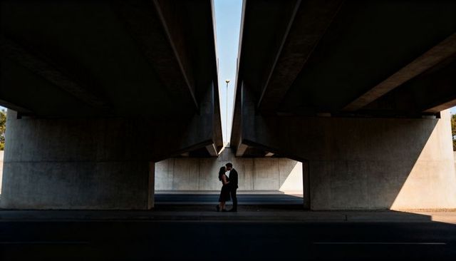 Couple Embracing Under Concrete Overpass Backlit Urban Romance Silhouette