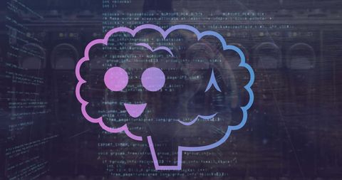 smiling brain icon with code background in tech concept art - Download Free Stock Images Pikwizard.com