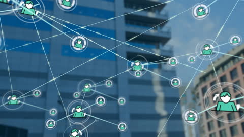 Digital Network Animation Over Cityscape Illustrating Global Connectivity