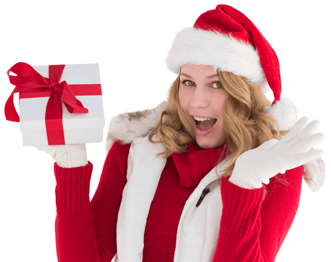 Cheerful Person in Santa Hat Holding Gift with Surprise Expression Transparent