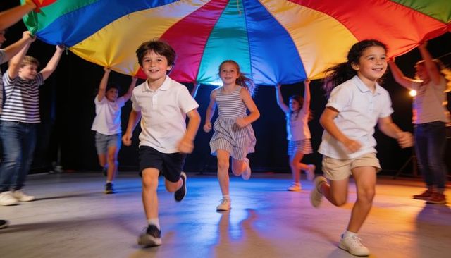 Children running under rainbow parachute on stage during playful school activity
