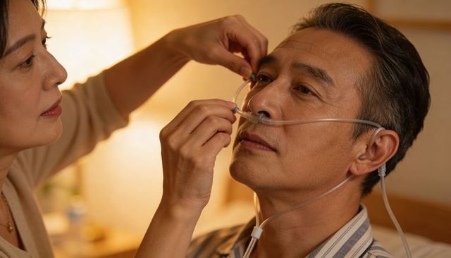 Partner adjusting nasal cannula on senior man at bedside showing home caregiving intimacy warmth