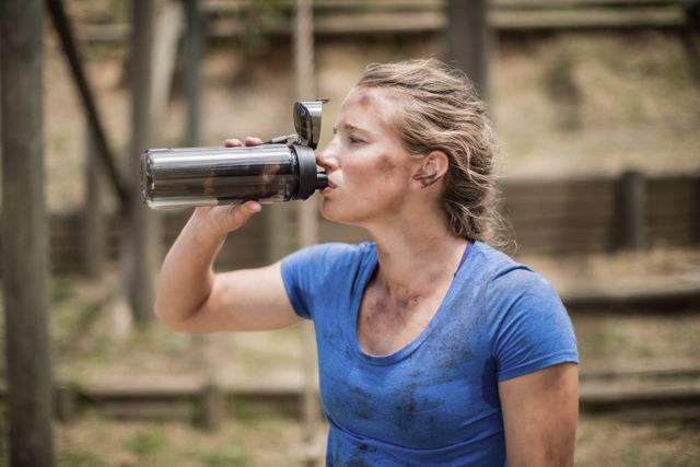 Woman drinking water from a bottle while participating in an outdoor obstacle course during a boot camp. Ideal for use in fitness, health, and wellness promotions, as well as advertisements for outdoor activities, sports gear, and hydration products.