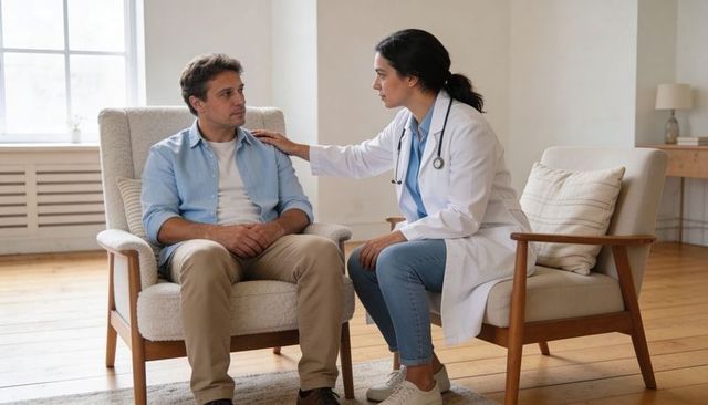 Female doctor comforting worried male patient during home medical consultation