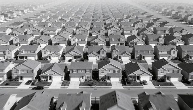Aerial tilt-shift showing suburban housing grid, uniform single-family neighborhood pattern