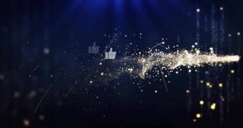 Golden Particle Stream Arcing Across Dark Tech Backdrop with Thumbs-Up Icons, Sparkling Stars