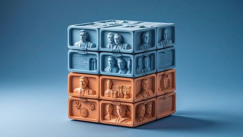 Abstract rubik's cube with 3d busts and motifs design