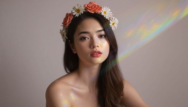 Elegant Female Model with Floral Crown and Prism Light Reflections