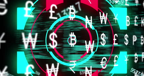 Animation of Currency Symbols Over Digital Code Background