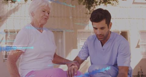 Physiotherapist Assisting Senior Woman with Tech Visualization
