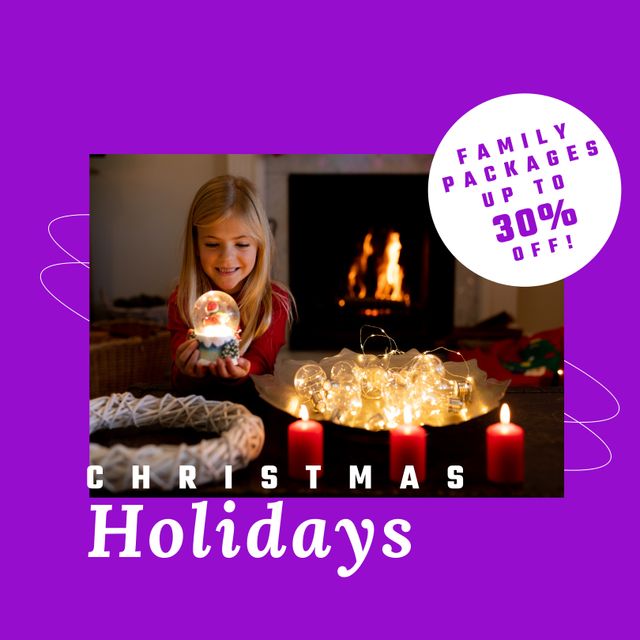 Composition of christmas holidays offer text over caucasian girl with snow globe at christmas home. Christmas holidays, festivity, tradition and celebration concept.
