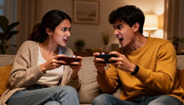Couple arguing and competing in intense mobile gaming on cozy sofa at night