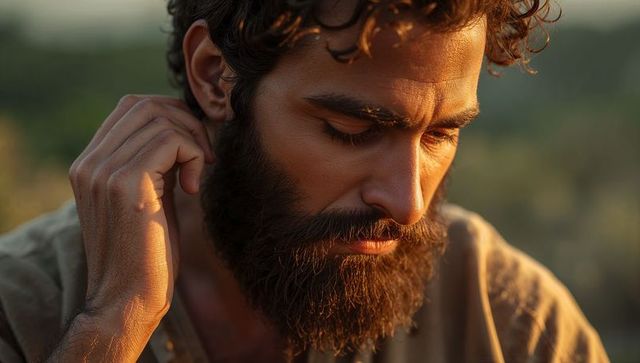 Gazing bearded man touching neck during golden hour in meadow with warm sunlight