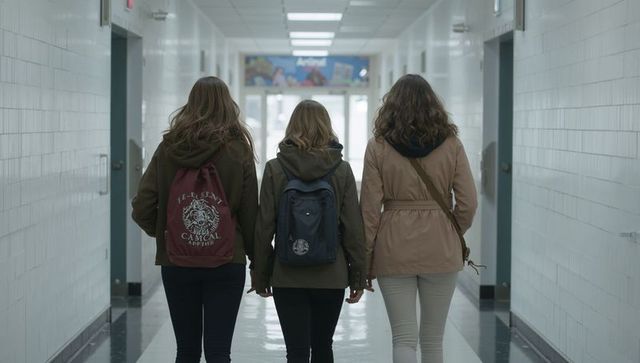Three Female Students Walking Down Bright School Hallway Carrying Backpacks