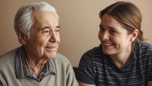 Senior man and woman sharing warm conversation on sofa, smiling companionship