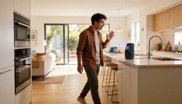 Man speaking to smart speaker on kitchen island in modern open-plan home with tablet