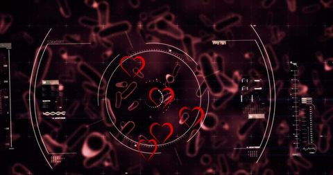 Futuristic red hearts digital interface with abstract shapes