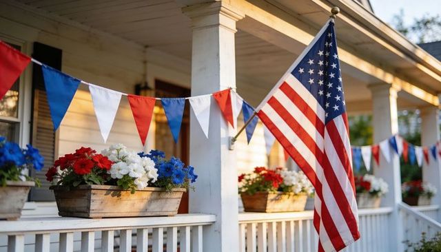 Sunlit patriotic front porch with american flag waving red white blue bunting and flower boxes