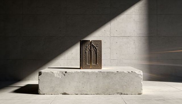 Displaying ornate carved wooden panel on concrete plinth with diagonal light and sharp shadows