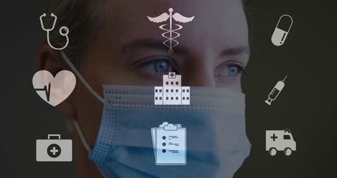 Female healthcare worker wearing surgical mask gazing right with medical icons overlay