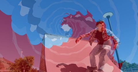 Skateboarder with vibrant digital effects in action