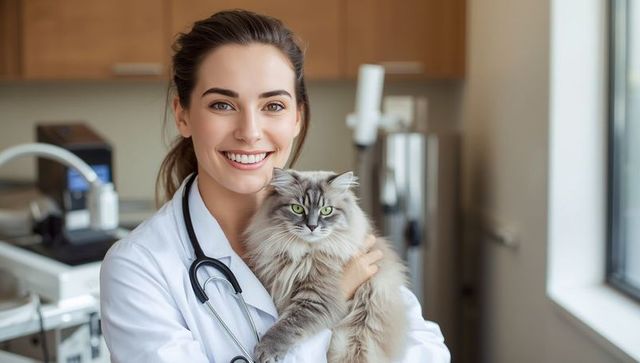 Veterinarian smiling holding fluffy cat in medical office