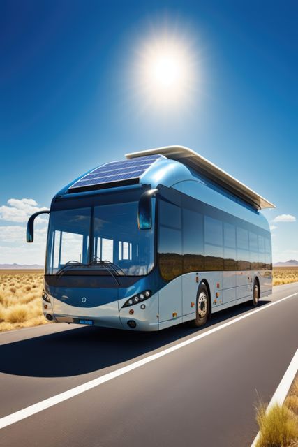 An eco-friendly solar-powered electric bus is driving down a desert highway under a clear blue sky. This showcases the potential of renewable energy in modern public transportation. Ideal for use in articles and advertisements related to green energy, sustainable travel, innovative technology, and renewable energy advancements.