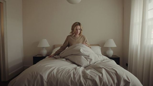 Woman Sitting on Bed in Minimalist Neutral Bedroom, Morning Calm, Cozy Duvet and Soft Natural Light