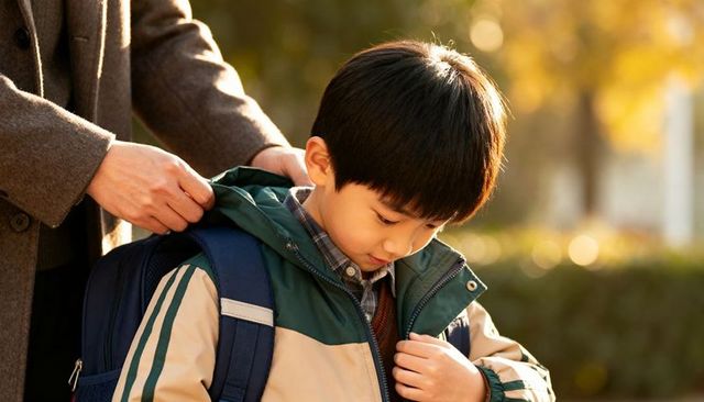 Parent adjusting jacket for asian schoolboy on sunlit autumn path with backpack