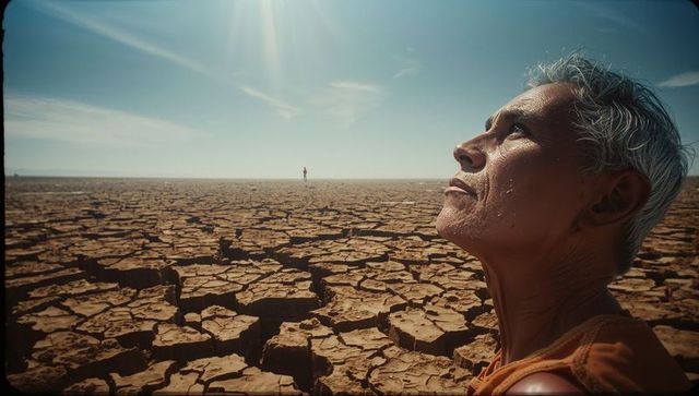 Determined man standing in cracked desert under bright sun