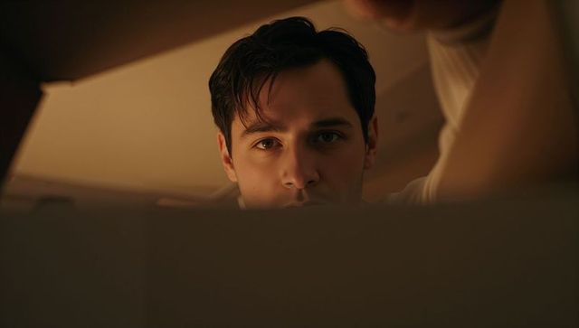Young man peeking into cardboard box under warm amber lamp closeup