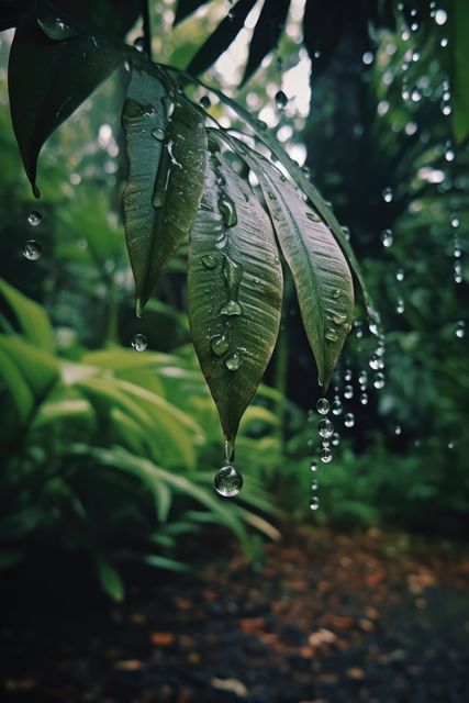 Macro view of rain drops on tropical leaves in lush green vegetation. Suitable for nature blogs, environmental documentaries, backgrounds for presentations on climate, wallpapers, and nature-themed project materials. Depicts freshness, tranquility, and the beauty of outdoor environments.
