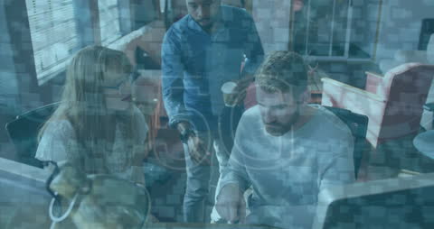 Business Team Collaborating in Modern Office with Digital Interface Overlay