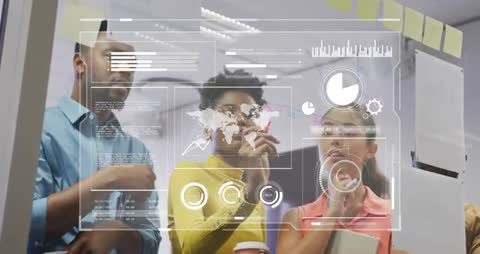 Diverse team collaborating on interactive HUD glass wall showing map and analytics