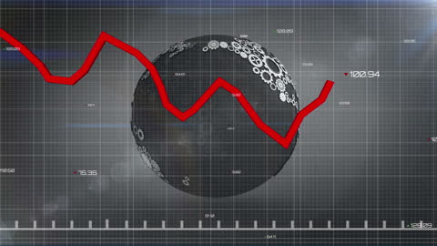 Red Financial Graph over Rotating Technological Globe