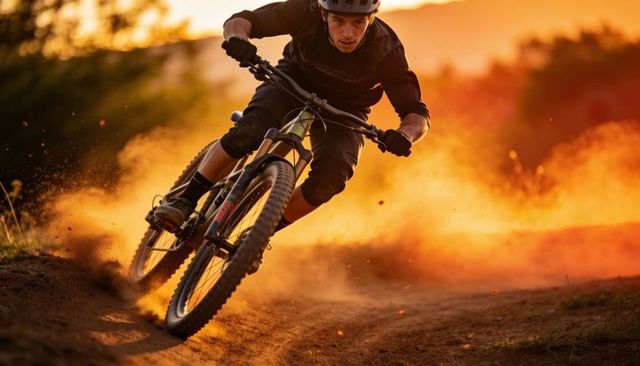 Mountain biker carving dusty turn at golden hour, kicking up dramatic sunset dust